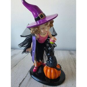 Ghoulish Witch cat statue figurine Halloween caramel apple pumpkin pastel pink